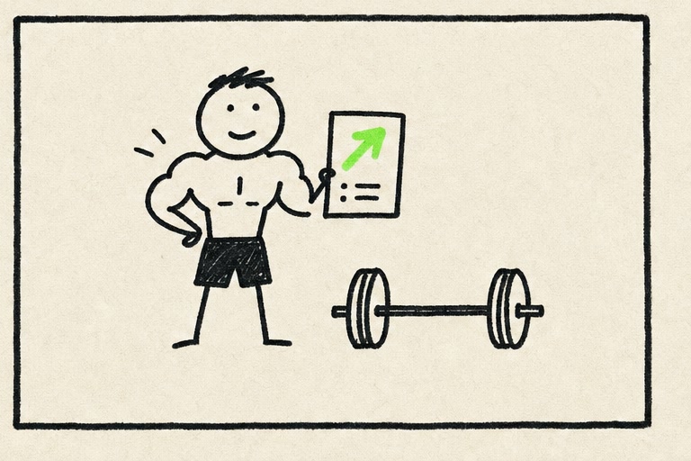 The same stick-figure lifter is now comically muscular and holding a weekly report.