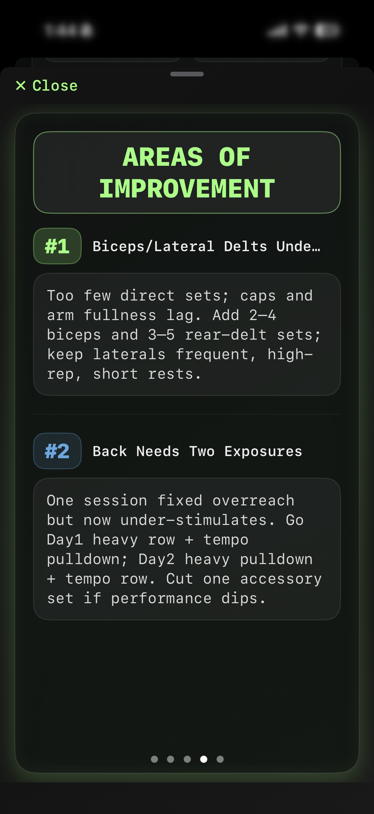 Weekly report slide listing areas of improvement with recommendations.